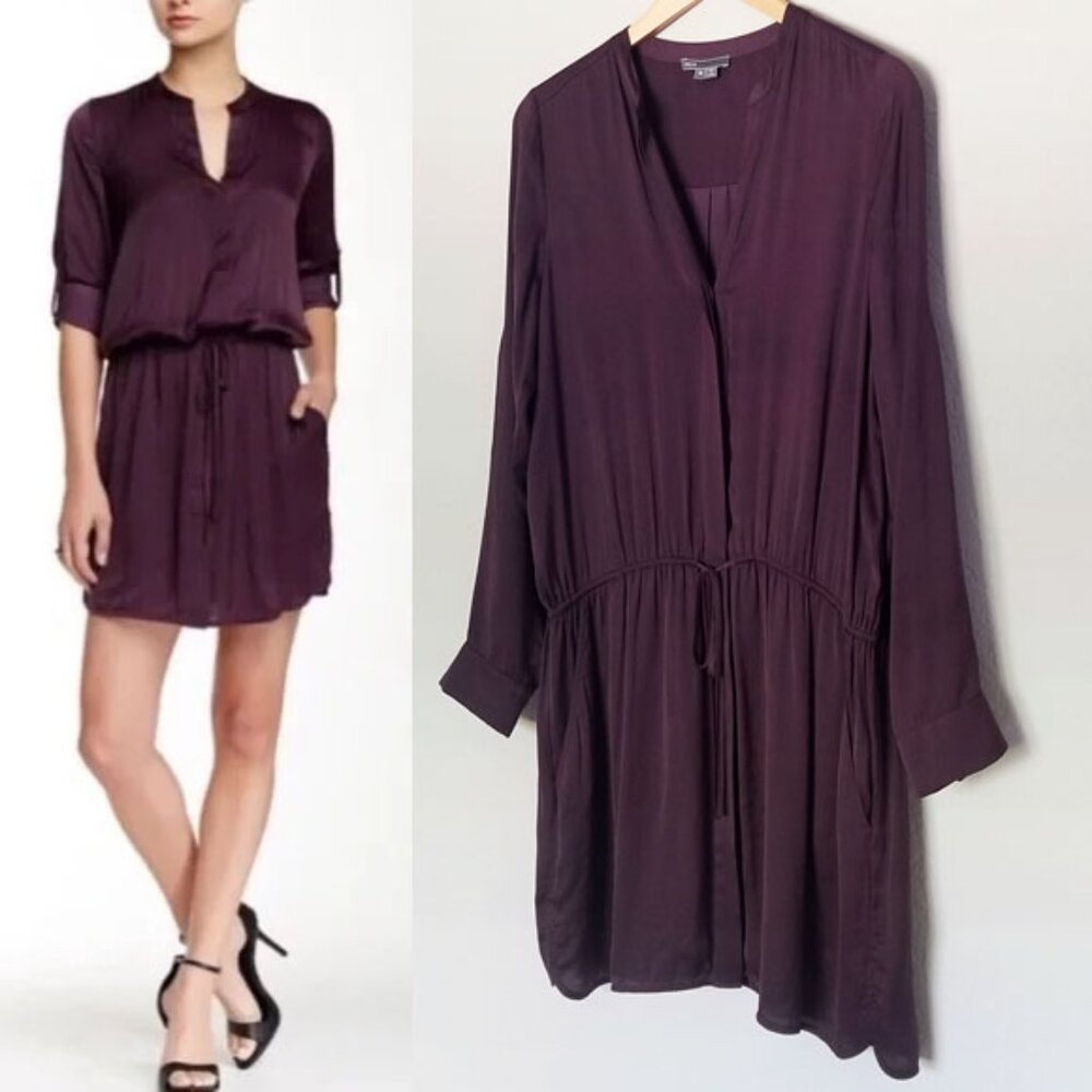 Vince Women's M Grape Plum Silky Satin Mini Dress M Roll Tab Long Sleeves $295